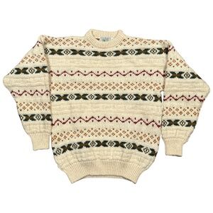 Vintage 90s Blarney Woolen Mills Wool Fair Isle Cream Thick Sweater Mens Medium